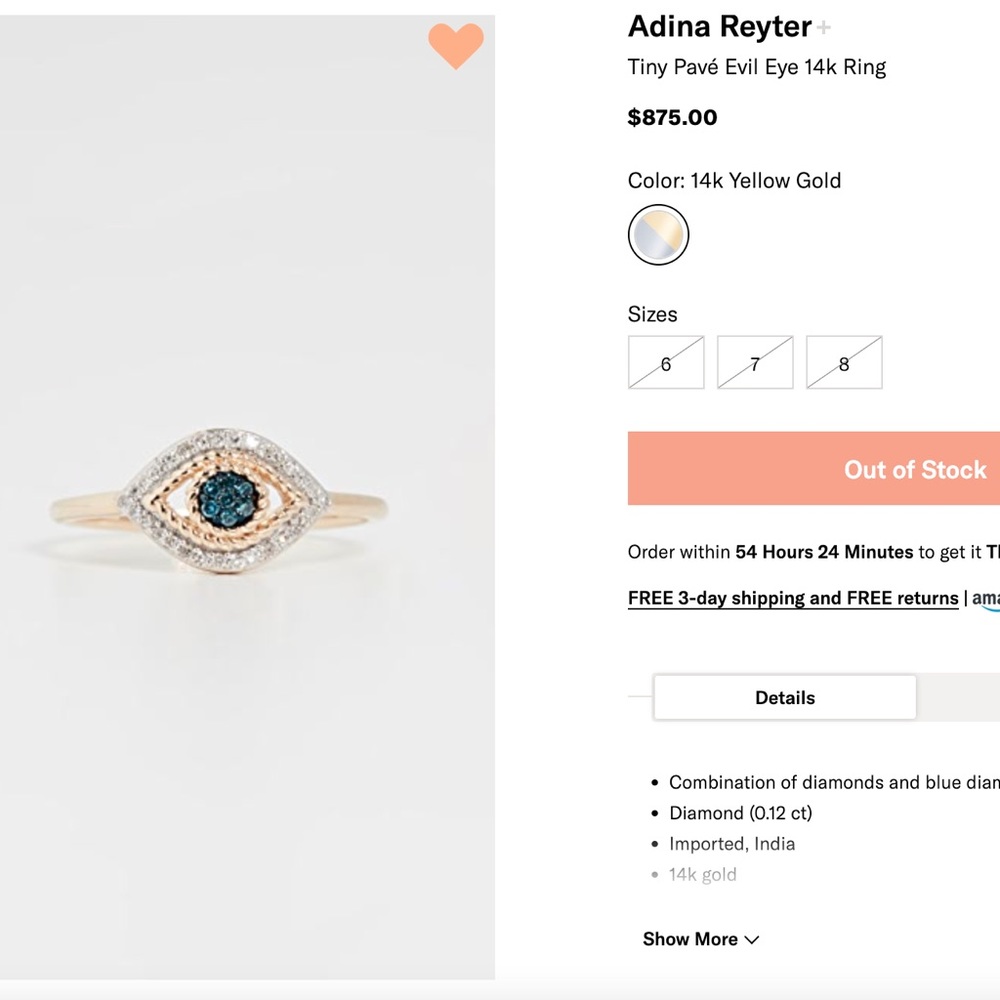 ADINA REYTER - tiny pavé evil eye ring - 14k solid yellow gold size 6